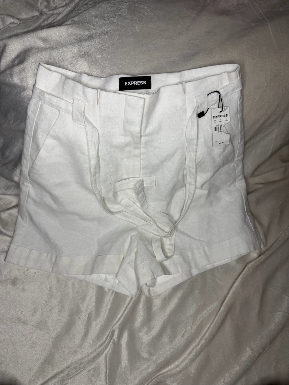 Express White High-Waist Tie-Front Linen Blend Shorts